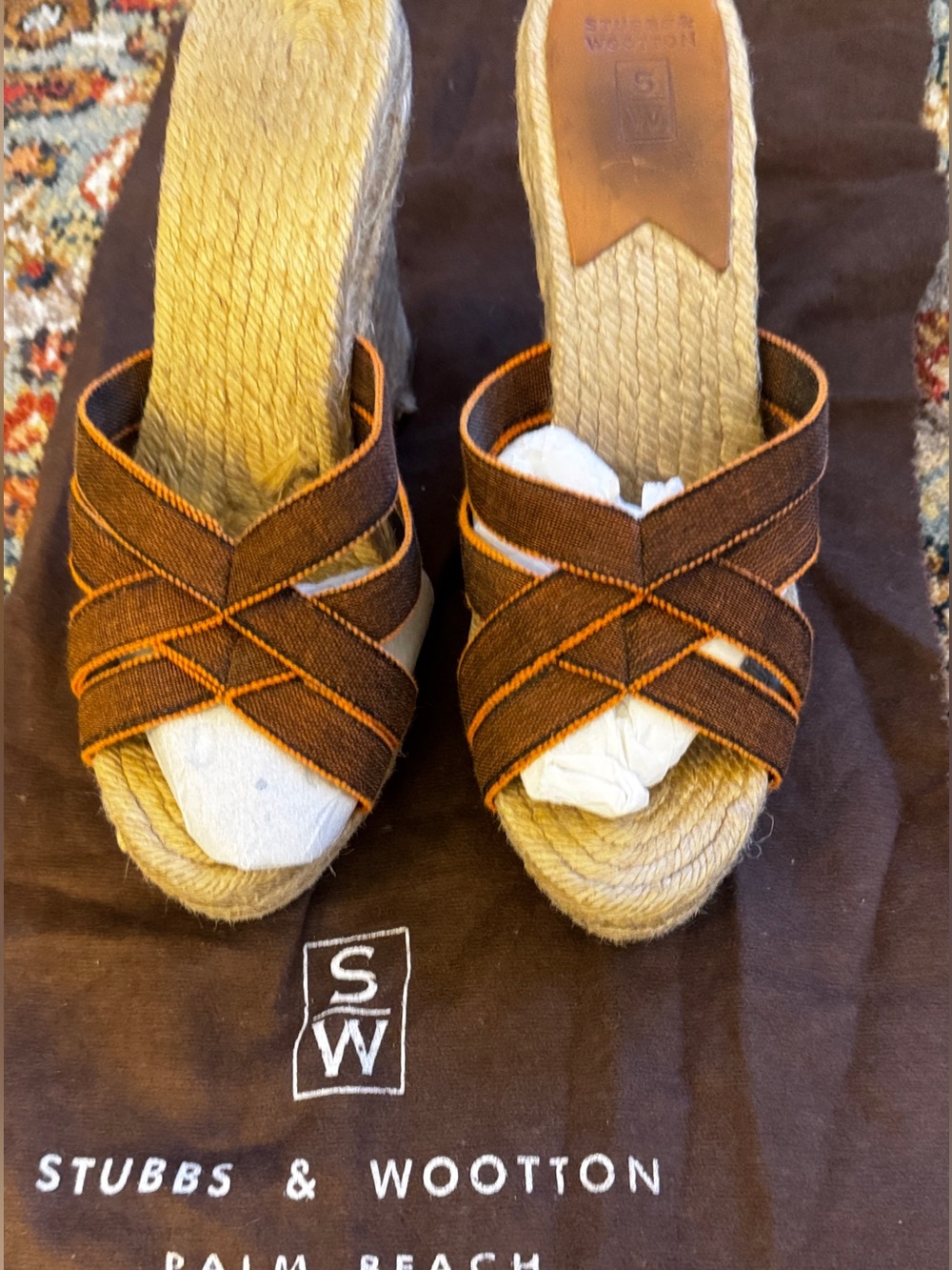 Stubbs & Wootton Grace Rib Espadrille Wedge Mules EU 37 Brown Orange